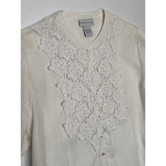Soft Surroundings White Linen crochet Front Blouse Button Down pleated sleeves M - Picture 5 of 14